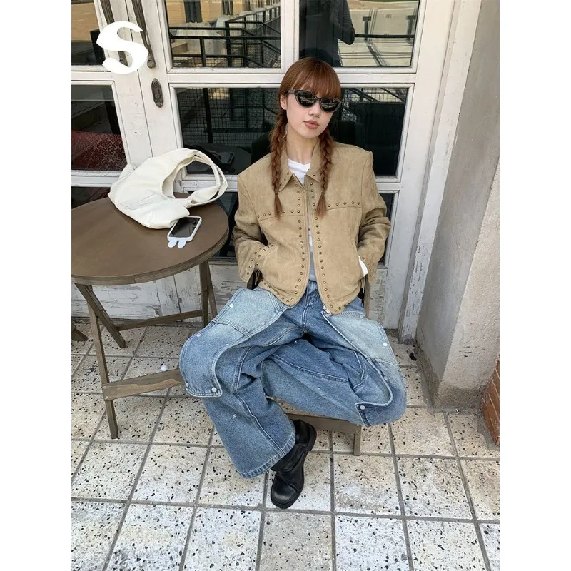 Retro High-end 2025 Autumn New Coat Women's Loose Khaki Short Motorcycle Jacket Long Sleeved Coat Female Clothing