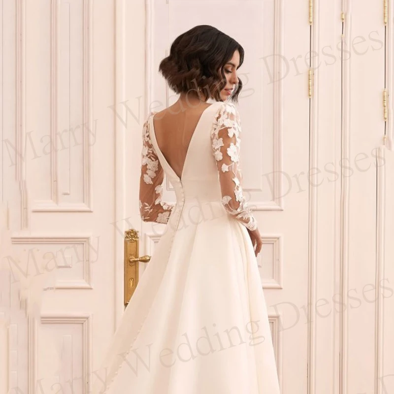 Moderne bescheidene Satin eine Linie Brautkleider Langarm Spitze Applikationen Brautkleider sexy tiefen V-Ausschnitt rücken frei Vestidos Novias Boda