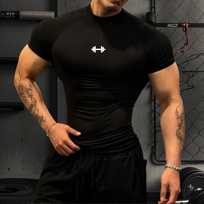 Men's Geometric Print Compression Shirt Quick-Drying Breathable Gym Workout T-Shirt Stretch Turtle Neck Training T-Shirt Tops image 2