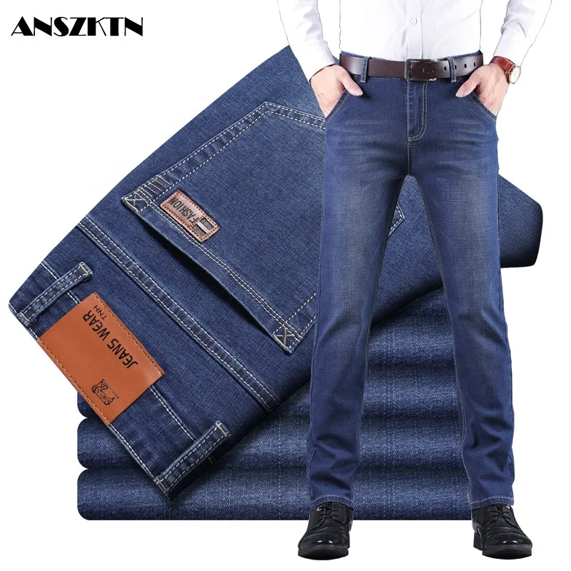 ANSZKTN-pantalones vaqueros informales para hombre, Jeans de negocios, ajustados, elásticos, de talla grande, azul, negro, color sólido, baratos