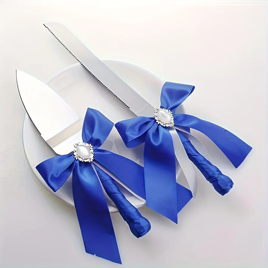 Juego de corte de pastel de boda minimalista azul real: elegante y elegante para bodas contemporáneas