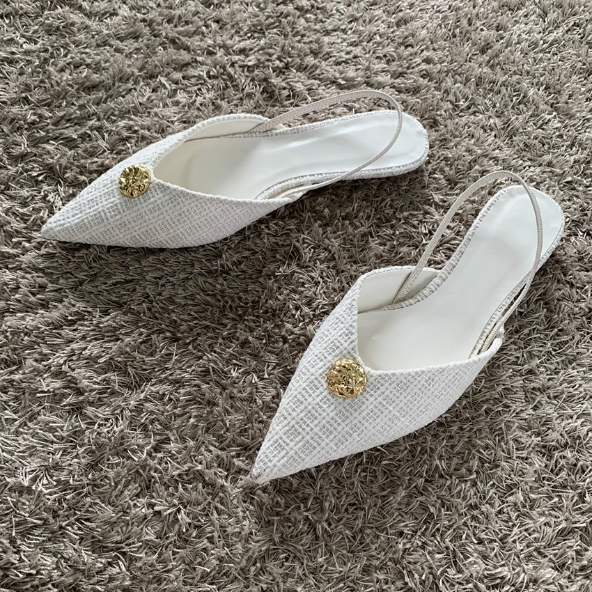 2025 Woman White Fabric High Heels Chic Metal Inlaid Slingback Kitten Heel Shoes Summer Elegant Female Office Low Heels Sandals