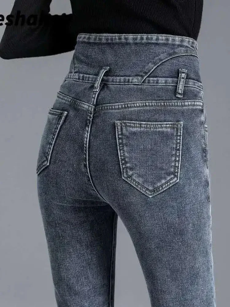 Jeans pensil wanita hangat berkancing Fly pinggang tinggi tebal melar Vaqueros pakaian salju kasual Plus beludru Denim pantalon 2024 Z324