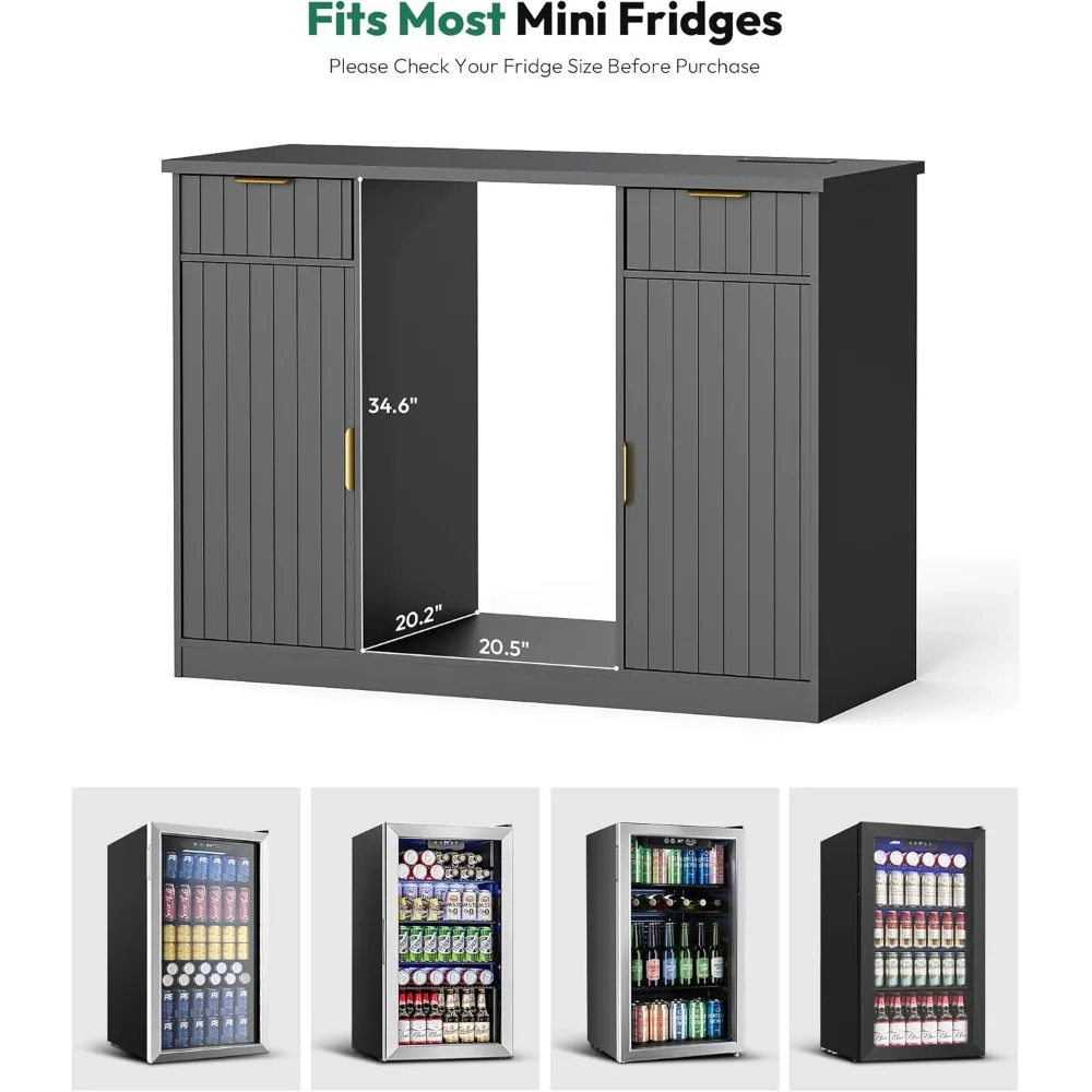 خزانة بار القهوة المخددة مع مساحة الثلاجة - خزانة بار النبيذ مع درج وتخزين الباب، وحامل ثلاجة صغير مع مخرج طاقة