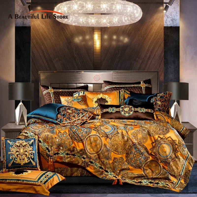 Luxury European Brocade Bedding Set, Jacquard Embroidery, Egyptian Cotton Duvet Cover, Bedspread Bed Sheet, Pillowcases