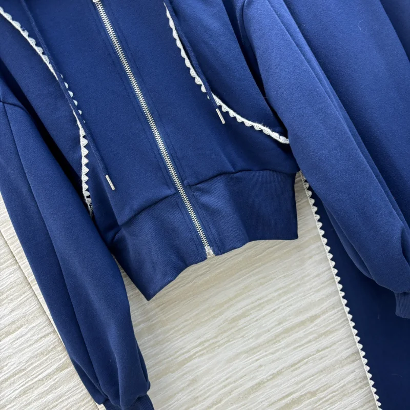 Women Hoodie Sweatshirts Trousers Set Wide-leg Pants Two-piece Suit Zip Up Contrast Color Casual Sports Hooded Jacket High Waist
