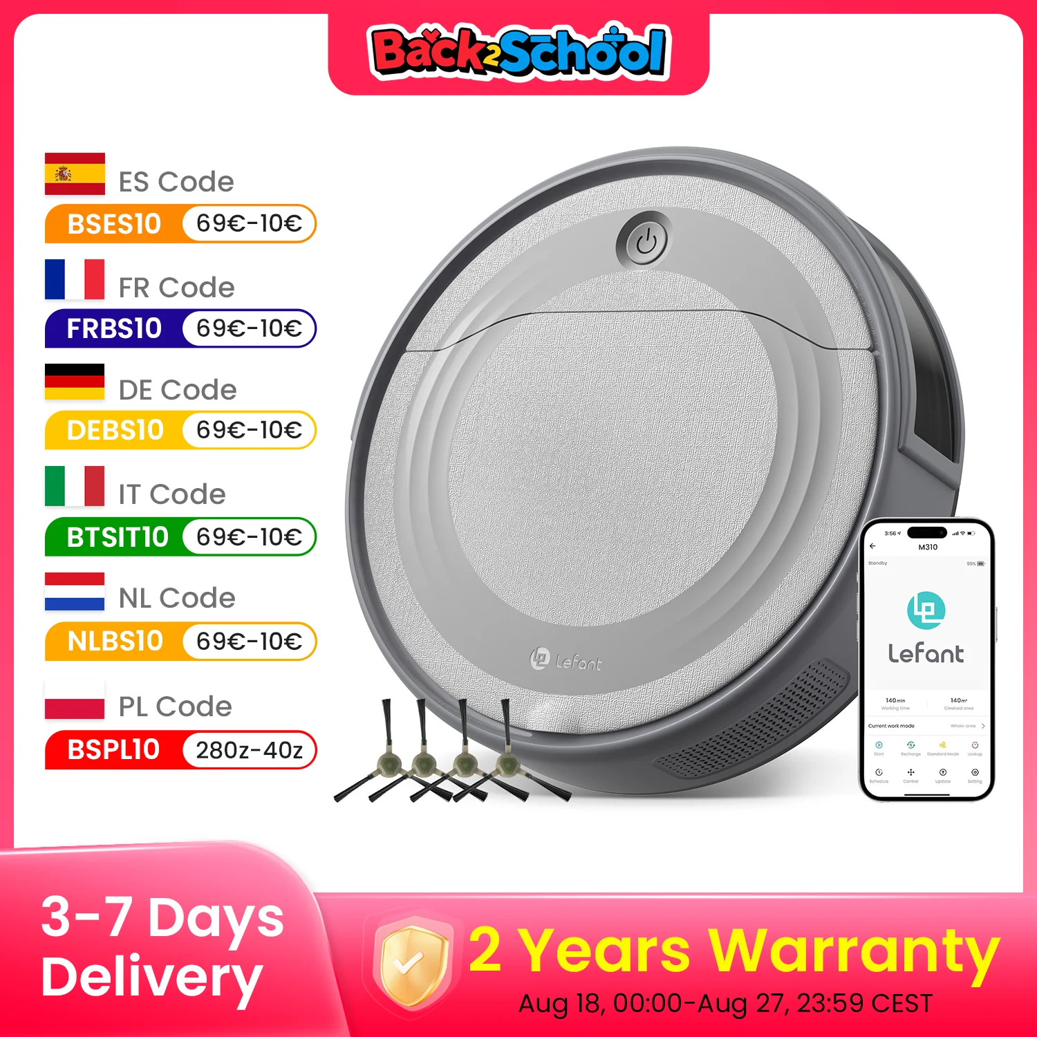 Aspirapolvere robot Lefant M310 4500PA Potente aspirazione 180 minuti, controllo APP/Alexa Ideale per peli di animali domestici e pavimenti duri