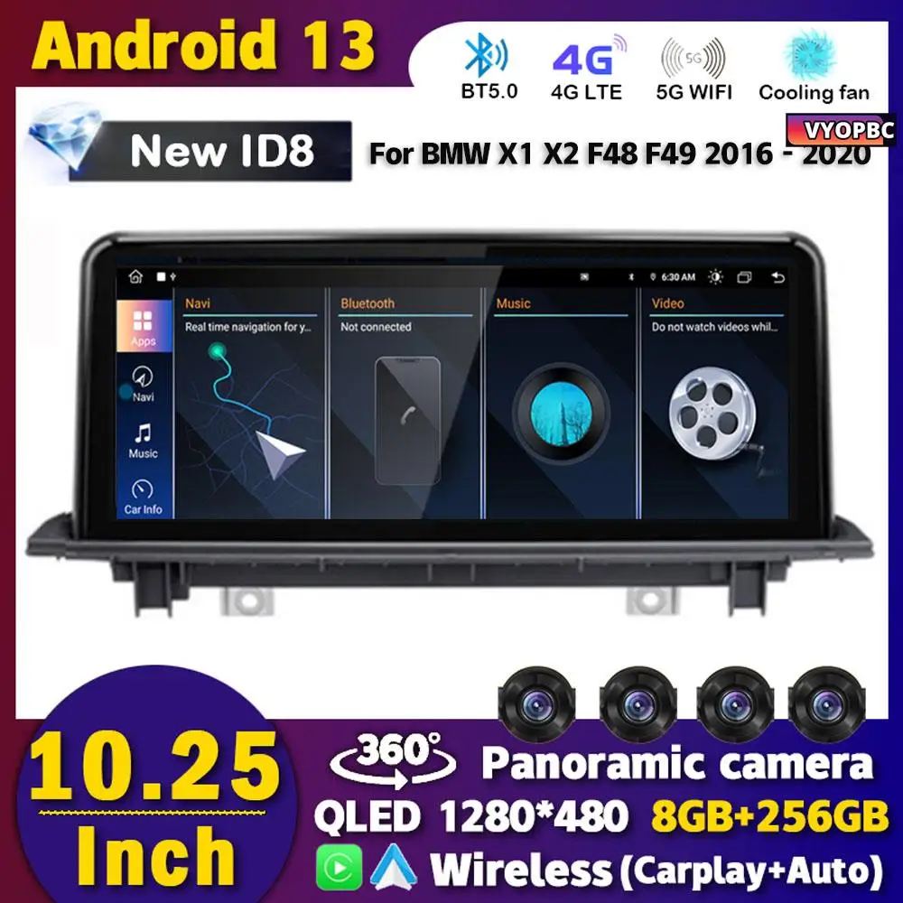 

NEW ID8 10.25" Android 13 Car Radio Carplay For BMW X1 X2 F48 F49 2016 - 2020 Navigation Stereo Multimedia Player 360 Camera DSP