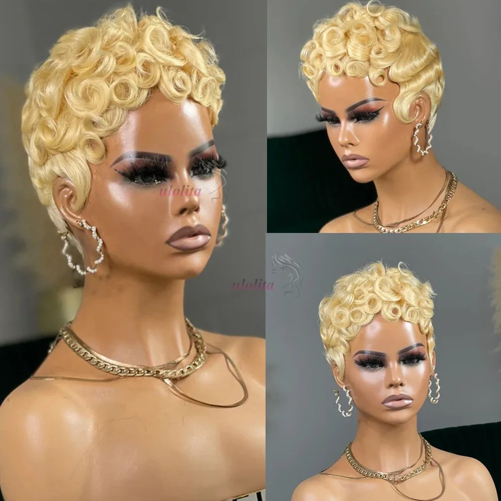 Deep Wave Wig Human Hair 613 Honey Blonde Short Pixie Cut Wig For Black Women Full Machine Made Curly Wigs Ginger Wig Human Hair image 2