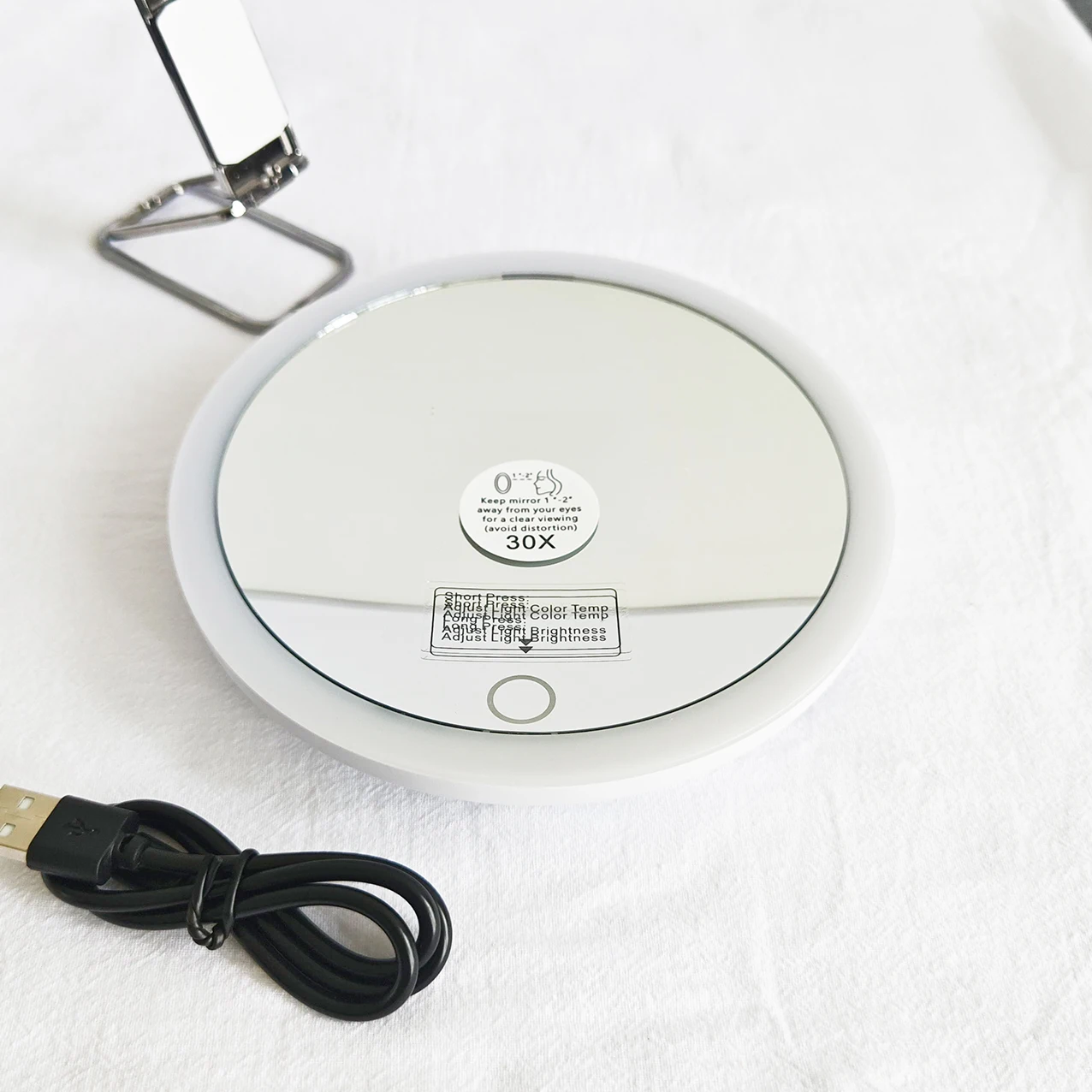cute 6 inch travel size round white/black portable led face mirrors with magnification 5x 10x 20x 30x times 360 with stand