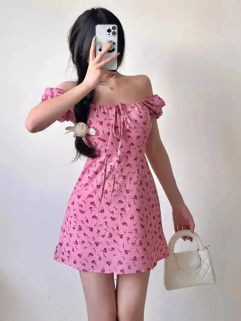 Abito floreale con colletto quadrato rosa rosa Elegante estate 2025 Nuova moda Bellissimo stile vacanza Bellissimo abito Top dolce GPU7