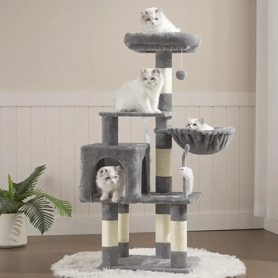 

Heybly Cat Tree with Toy, Cat Tower Condo for Indoor Cats, Cat House with Padded Plush Perch, Cozy Hammock and Sisal Scratching
