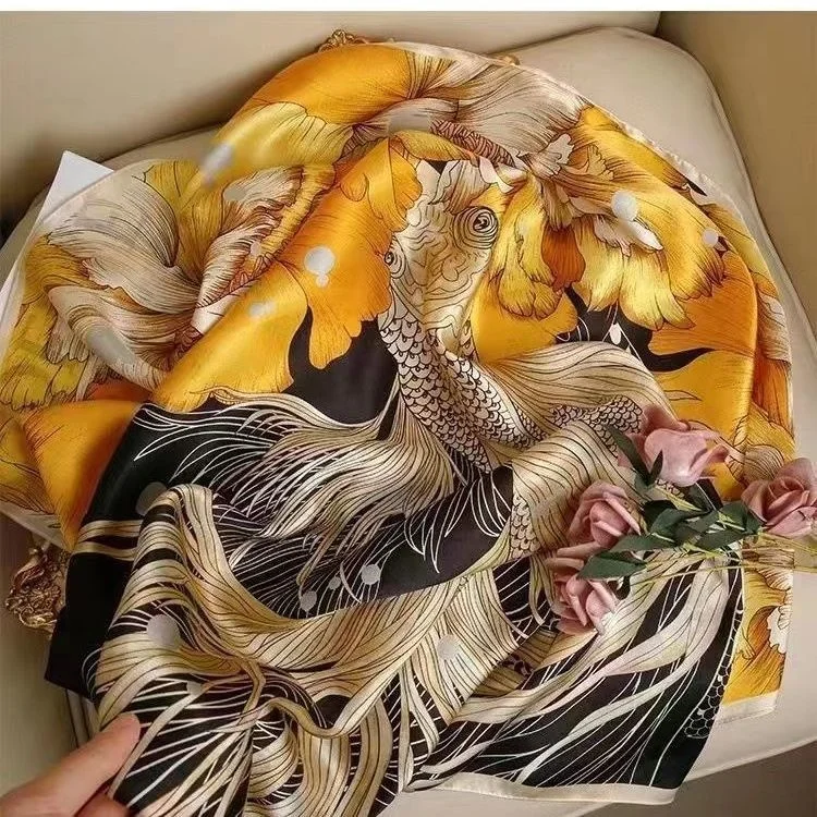 110 * 110cm Brocade Satin Large Square Scarf Spring And Autumn Version Versatile Satin Square Silk Scarf Shawl Beach Towel