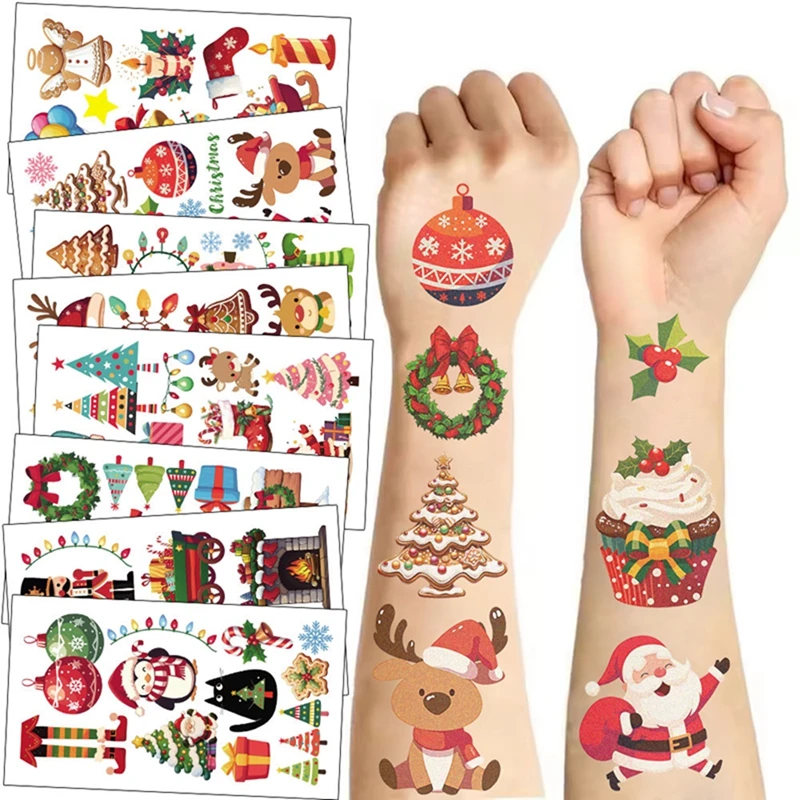 10pcs Christmas Tattoo Stickers Treat Kids Gifts Santa Elk Snowman Xmas Christmas Party Favor Waterproof Tattoos Stickers Gifts