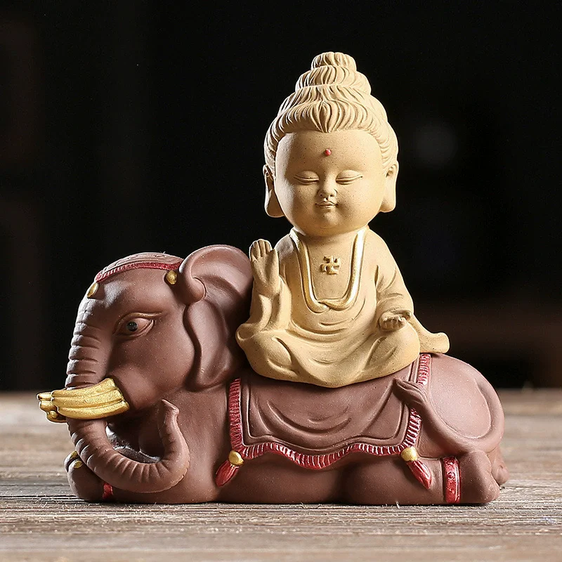 Zisha Clay Three Saints Statue - Zen Buddha Figurine for Tea Room Altar, Wealth Feng Shui Office Decor, Chinese Ceramic Art