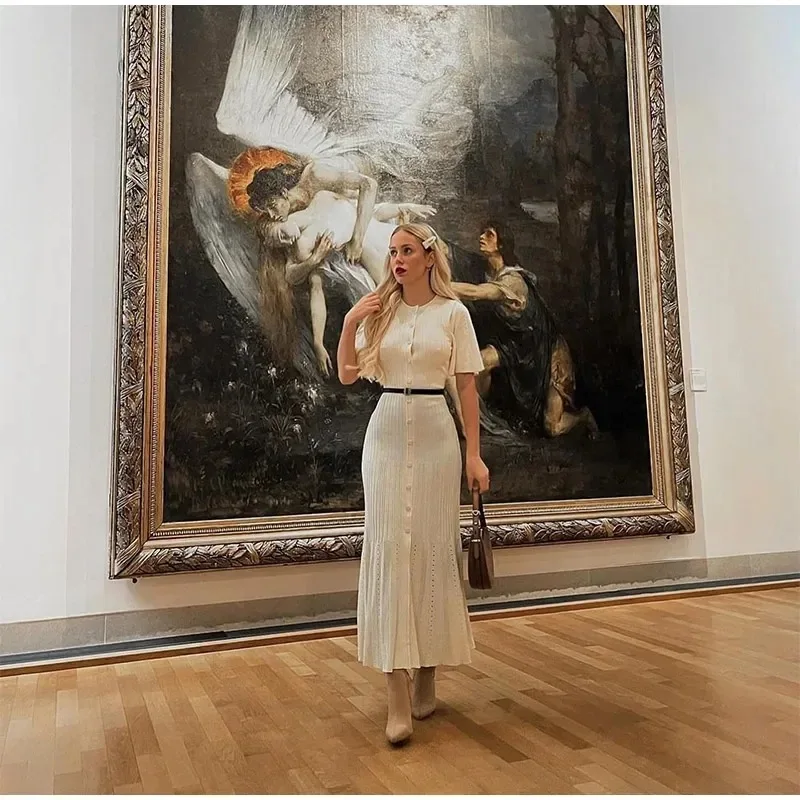 Robe tricotée élégante à manches courtes pour femmes, jupe longue en Patchwork, avec fente à boutons, Robes de soirée, été 2025