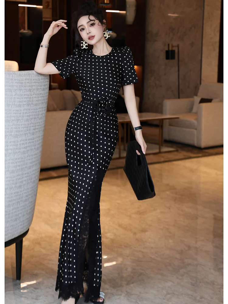 

Zhilishi Black Polka Dot Long Dress Floral Decoration Body Shape Highlighting Wrap around Fish Tail Skirt Summer Women's Dress