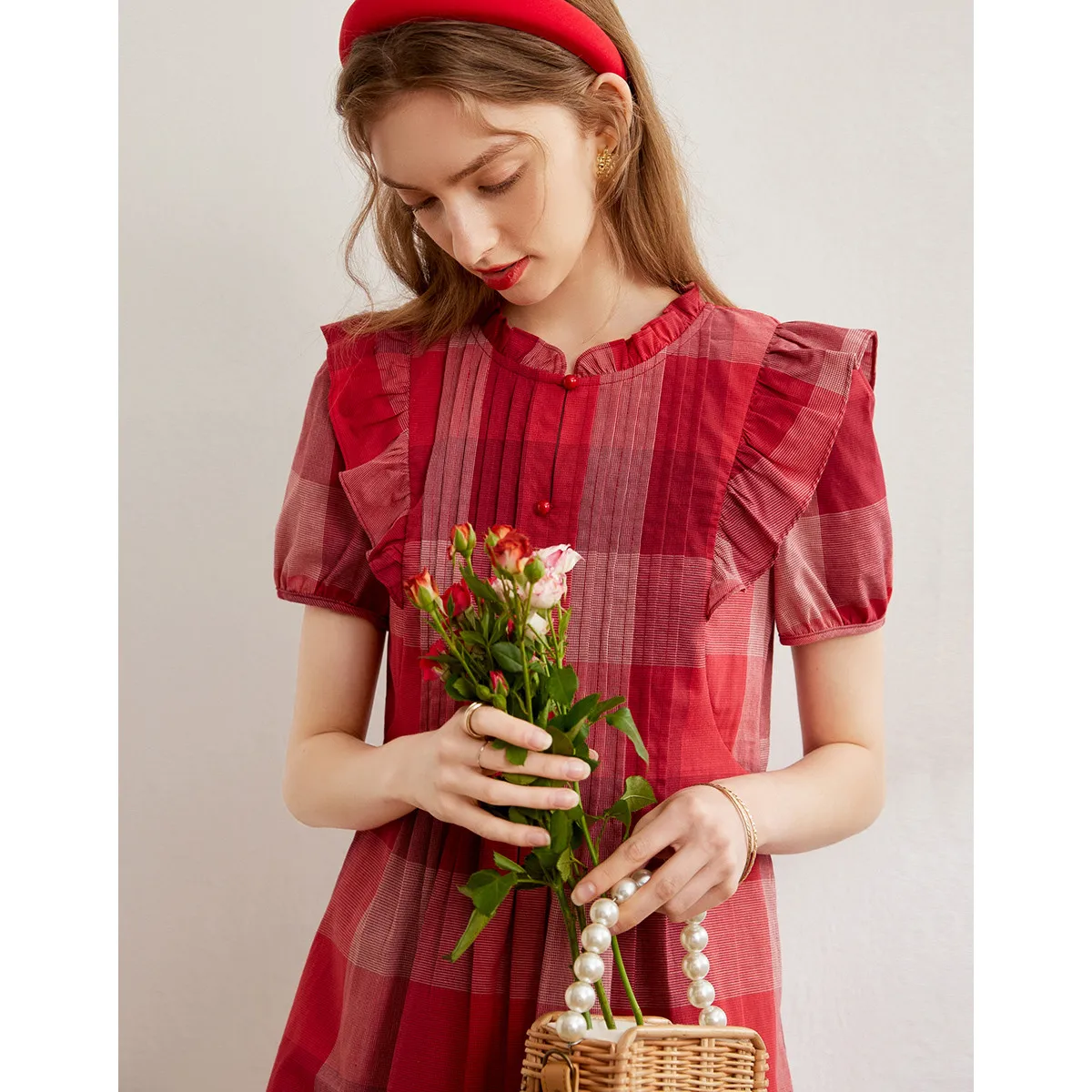 LOUIS YAO Women Cotton Dress Retro Style 2024 Summer Plaid Dress O Neck Short Sleeve Sweet Fashion Dress