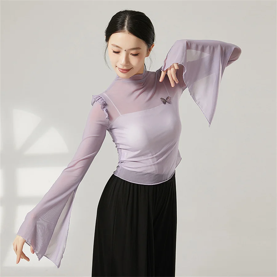 

Women Chinese Folk Dance See Through Mesh Shirt Long Flare Sleeve Ballet Dance Top Girls Modern Dance Classical Dances Costume