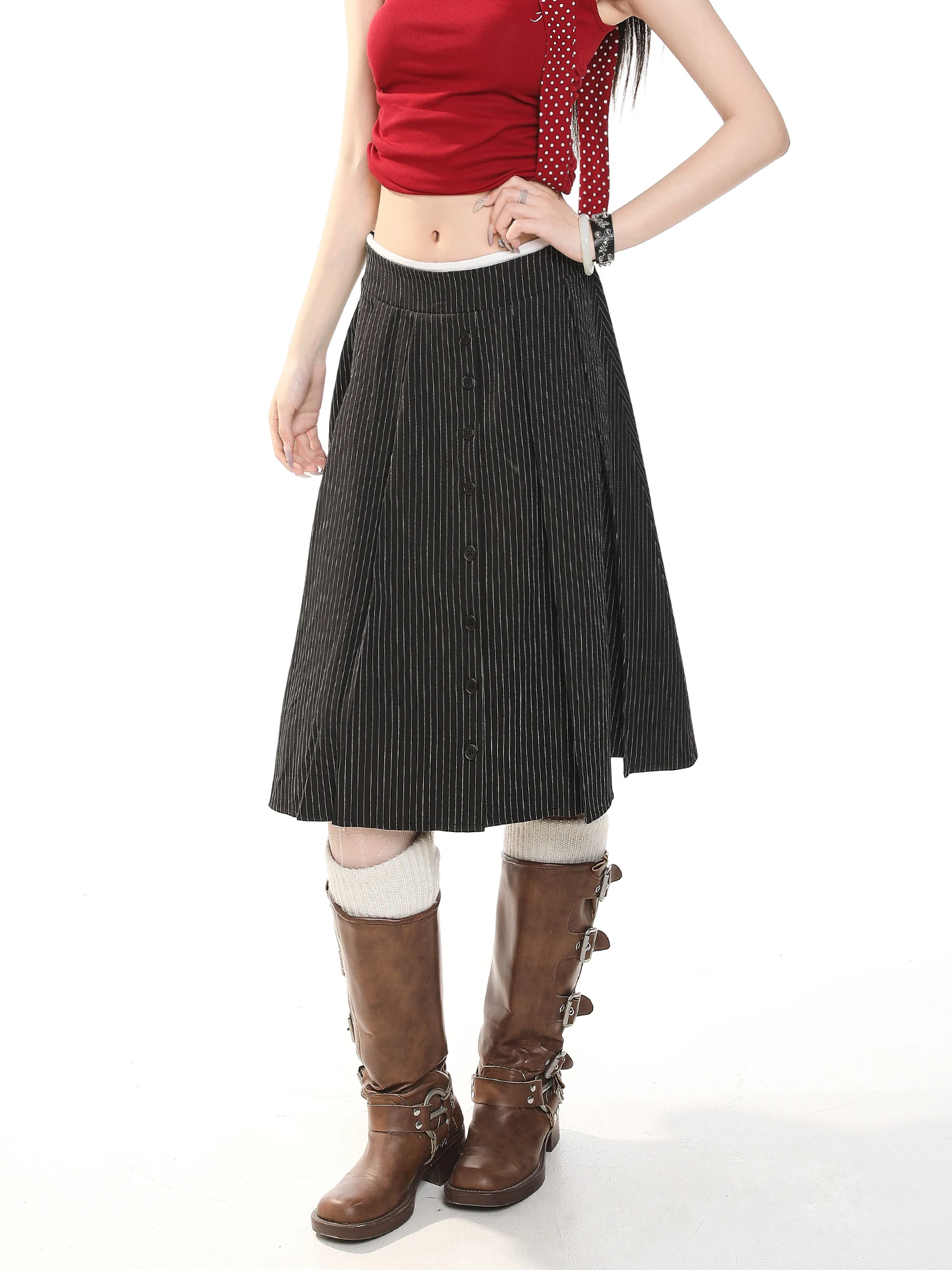 High Waist A-Line  Skirt Women's Summer Slimming Fashionable Design Stripe Pleated Skirt College Style Half-length Skirt