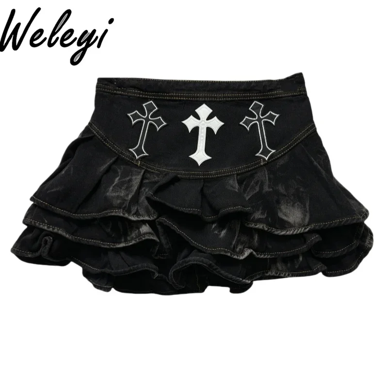 Punk Cake Denim Cross Chain Skirt for Women 2024 Fall and Winter New Yabi Gothic High Waist Wash Black Short Skirts Female