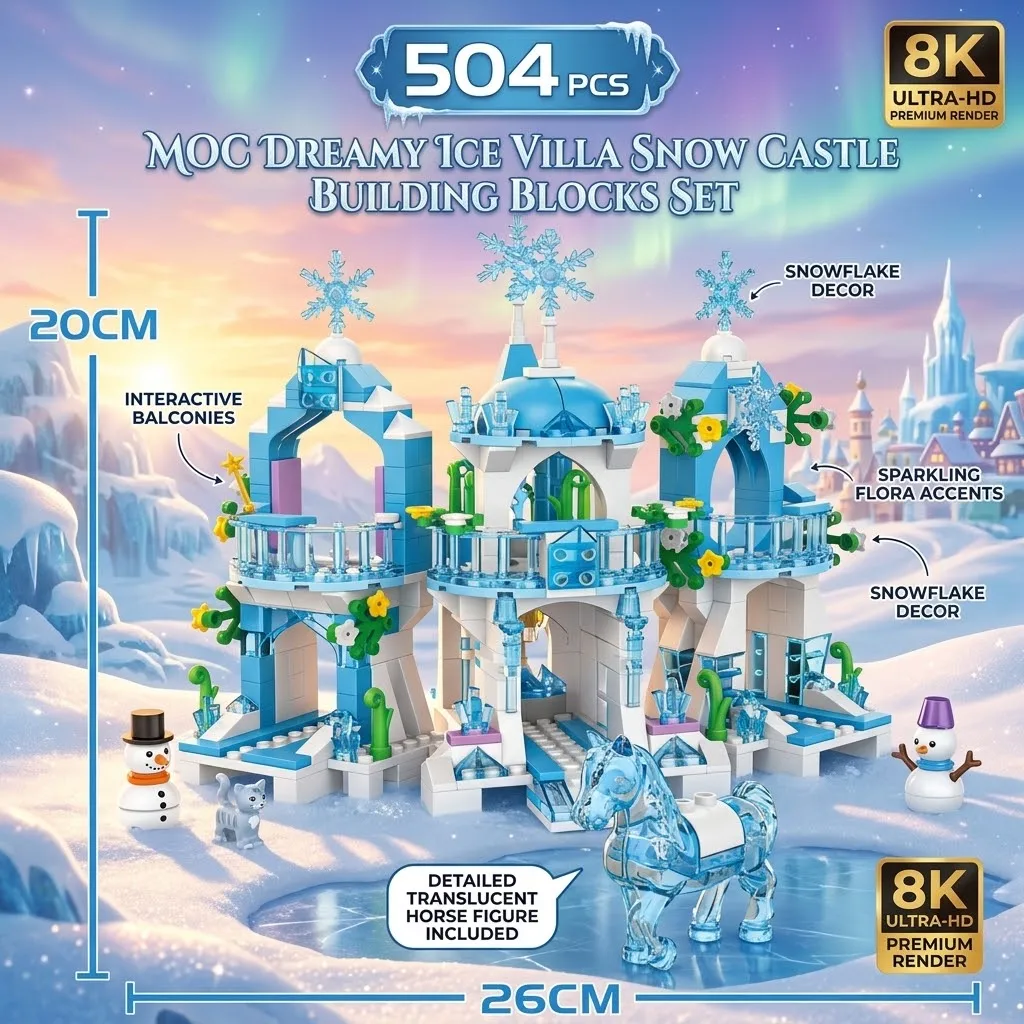 504‑PCS MOC Dreamy Ice Snow Castle Blocks Set, DIY Princess Scene Toy, Educational Bricks, Birthday Xmas Holiday Gift for Girls