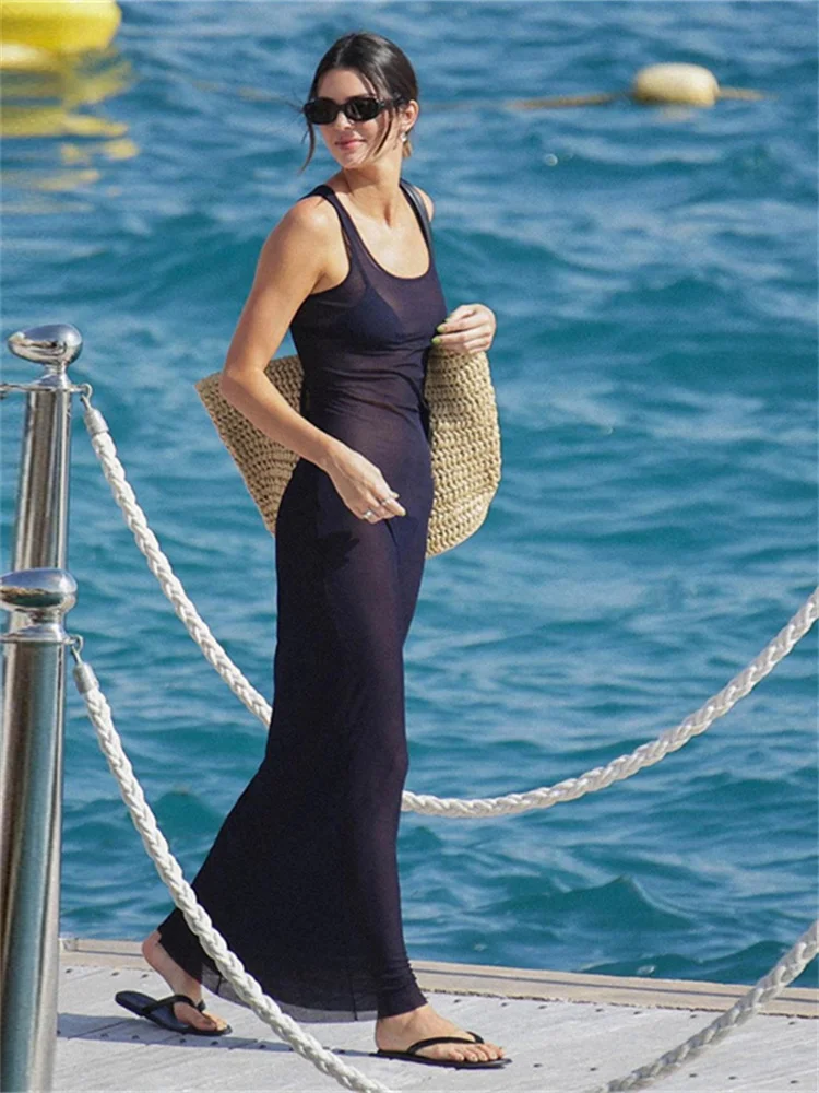 Whatiwear Mesh See Through Dress Women Square Collar Sleeveless Summer Vacation Trend Beach Party Style Stretch Long Bodycon