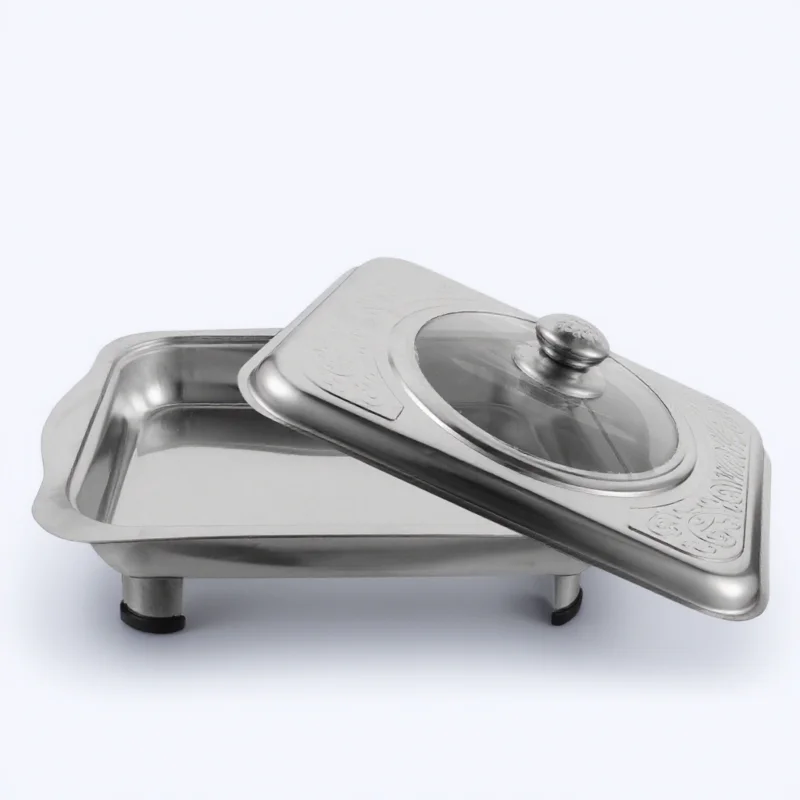 

Stainless Steel Dinner Plate Catering Tray Buffet Serving Platter Food Rectangular Pan Lid Anti Slip Design Practical