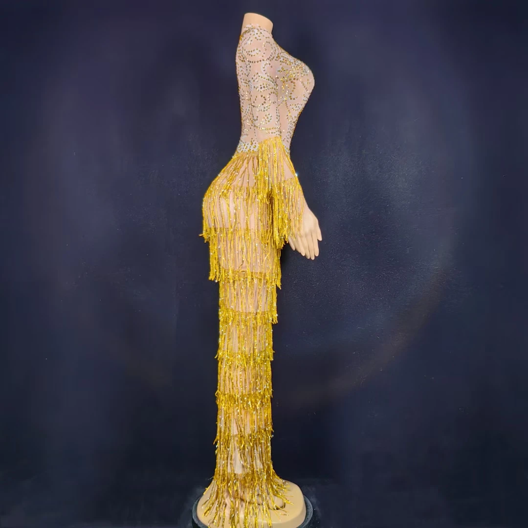 Dangao brilhante lantejoulas cristais borla em camadas vestido longo sexy feminino elegante aniversário celebrar festa festival sessão de fotos wear