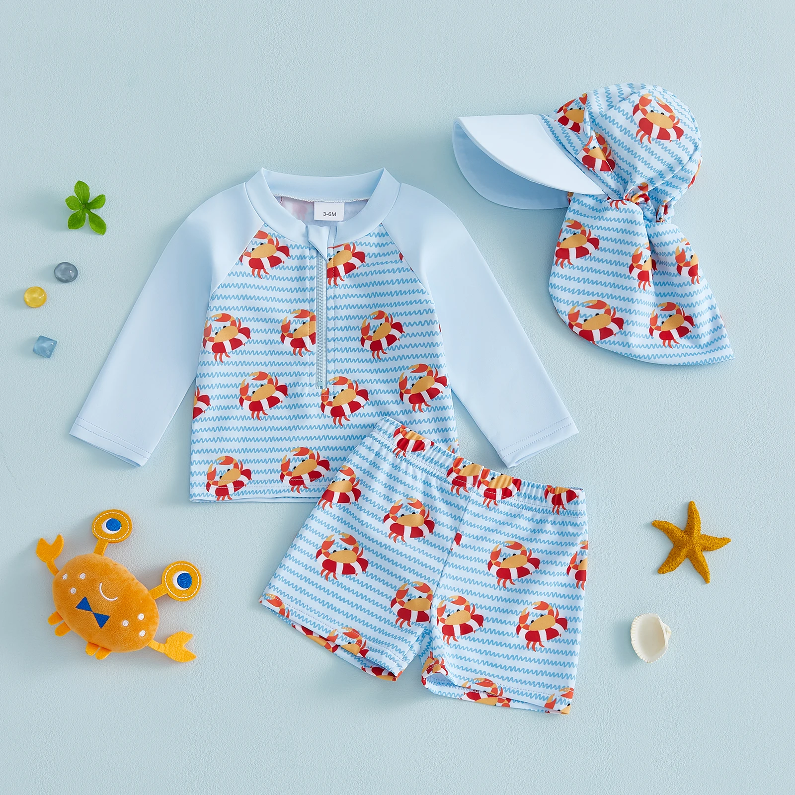 Boys Rash Guard Set 3 Piece Quick Dry Swimsuit Suit Crab Print Long Sleeve Tops Swim Trunks Sun Cap Bathing Suit