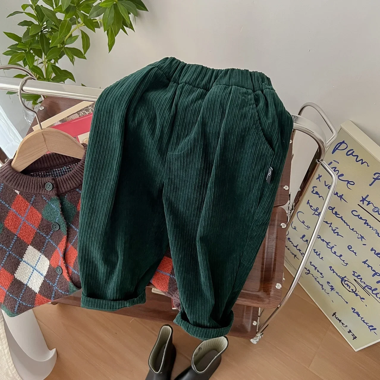 Korean Children Warm Clothes Kids Corduroy Thick Pants Casual Loose Wide Leg Wear Toddler Bloomers Girls Boys Green Trousers