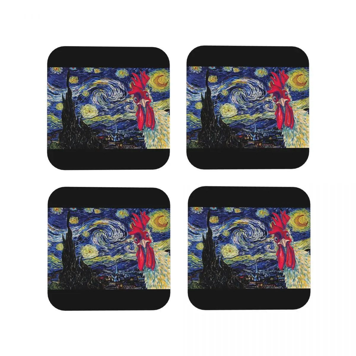 Chicken Rooster Starry Night Van Gogh Coasters Kitchen Placemats Cup Coffee Mats For Decor Home Tableware Pads Set of 4