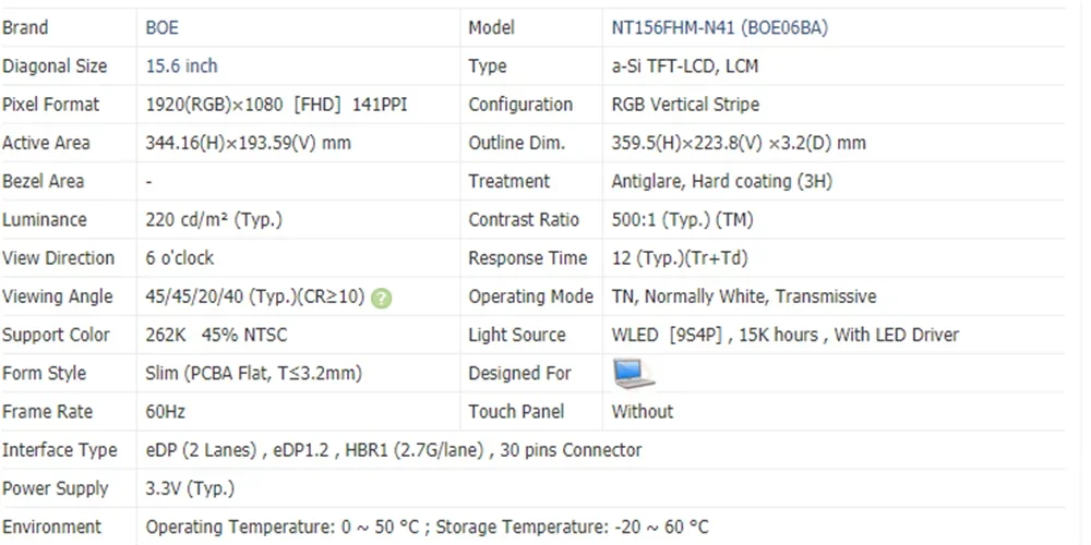 NT156FHM-N41 15.6 inch Panel Replacement FHD LCD LED Screen 1920*1080 EDP 30Pin 262K 45% NTSC 60Hz