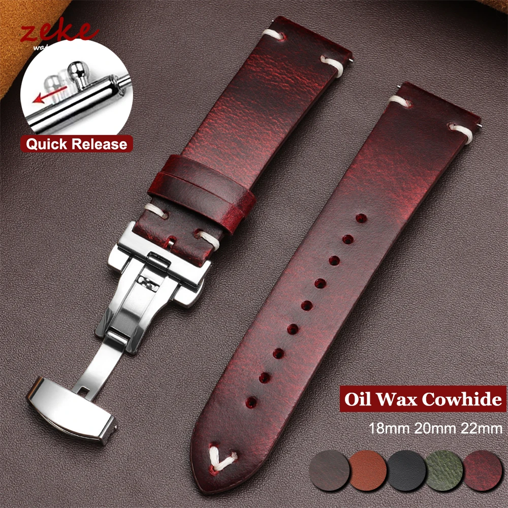 Vintage Oil Wax Leather Watch Band 18mm20mm 22mm Bracelet for Seiko Butterfly Buckle Stitching Cowhide Strap for Omega Watchband