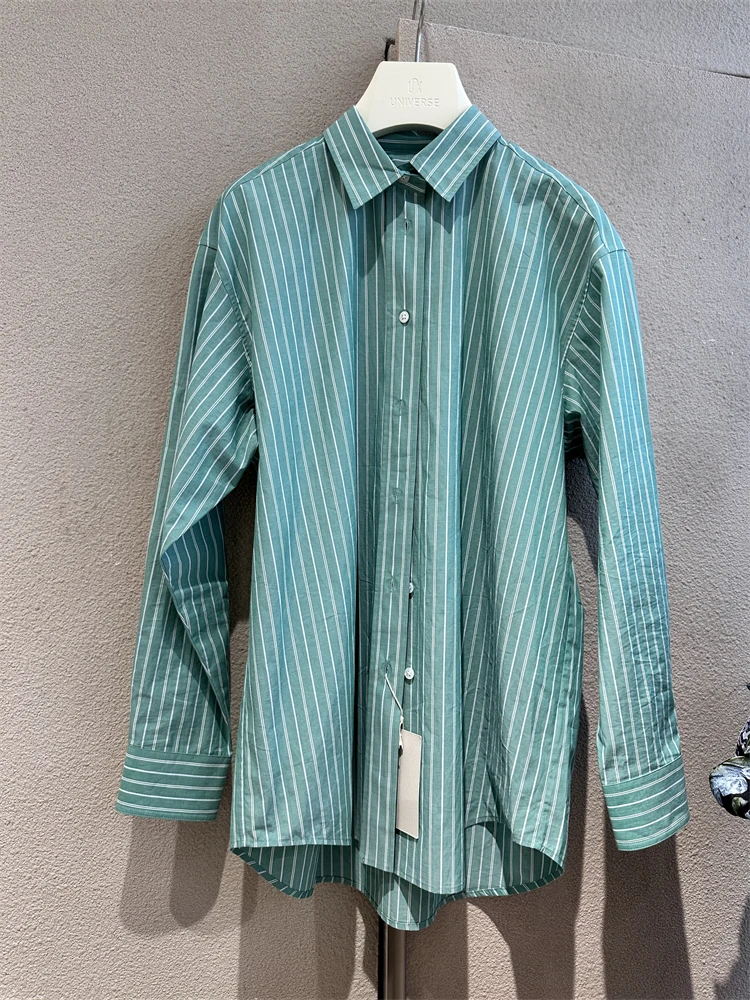 

Retro Striped Women's Cotton irt Mint een Casual Slimming Long Sve Flip Collar Loose Fit Faionable een irt