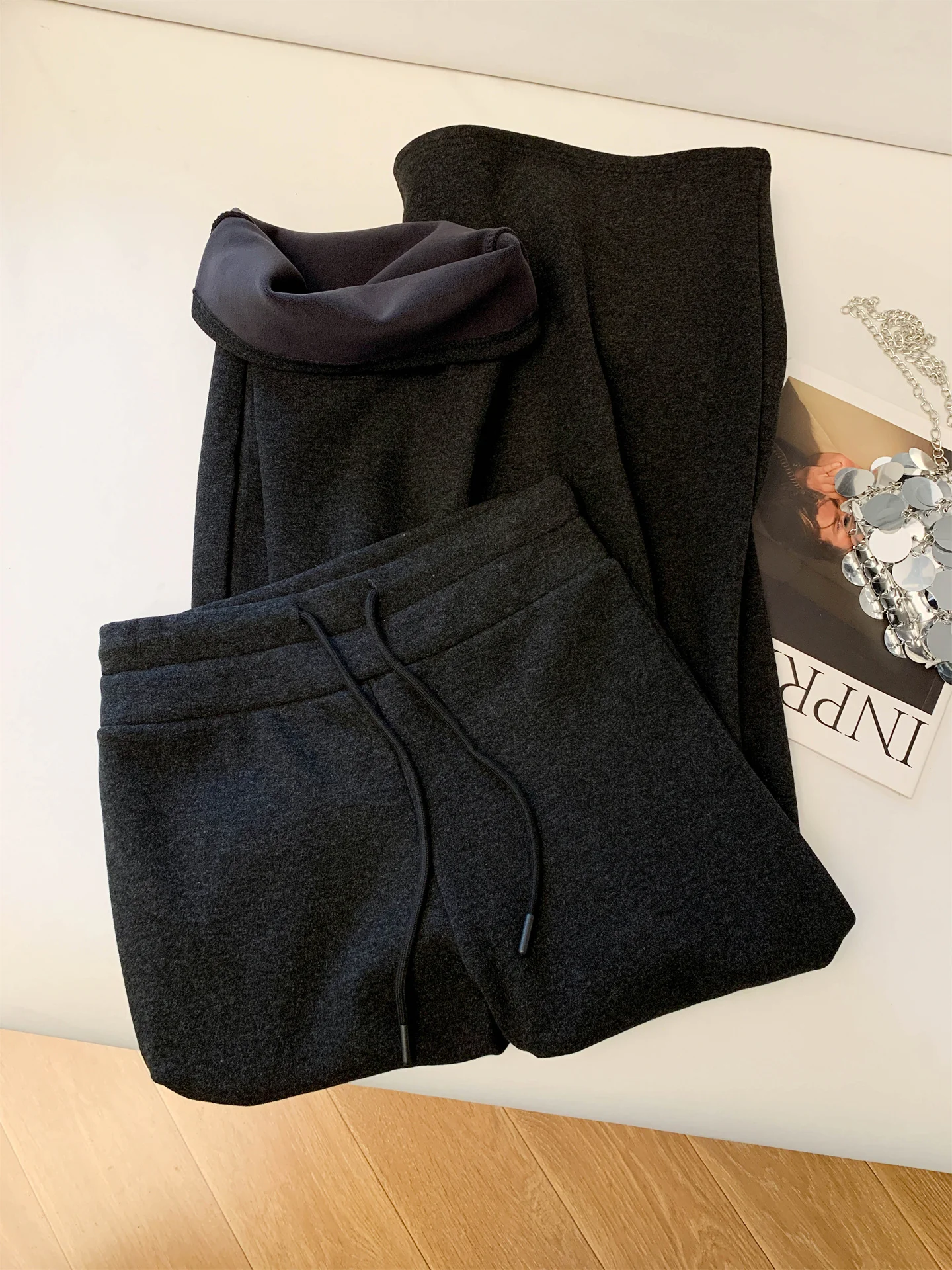 High Waist Dstring Wide Leg Casual Fce Women's Pants Outerwear Winter Drapey Comfortable Loose Fit Trousers