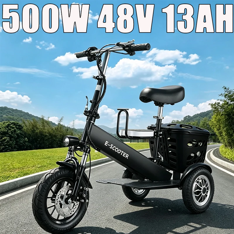 New Foldable Portable Parent-child Three Wheel Electric Bike Compact Light Adult Leisure E-Trike 500W 48V13Ah Electric Tricycle