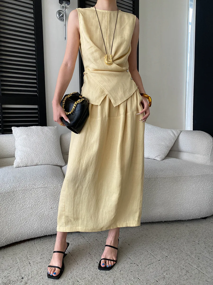 

Summer women's casual solid color slit sleeveless shirt elastic waist skirt set