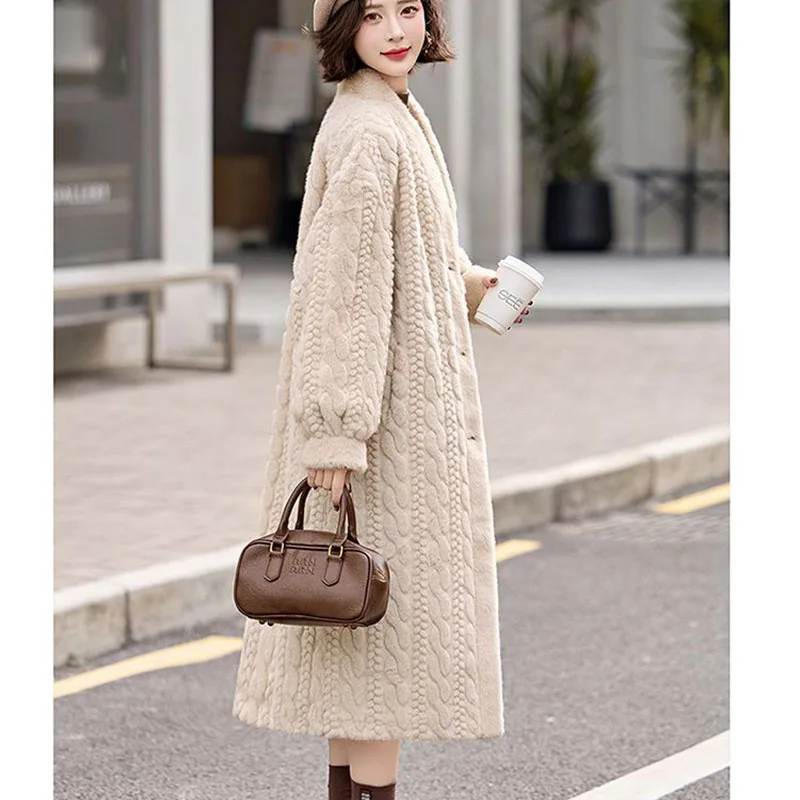 Cardigan de pele feminino engrossado long2025primavera e outono com decote em v jaqueta feminina solta simples lazer com botões casaco de pele do falso vison