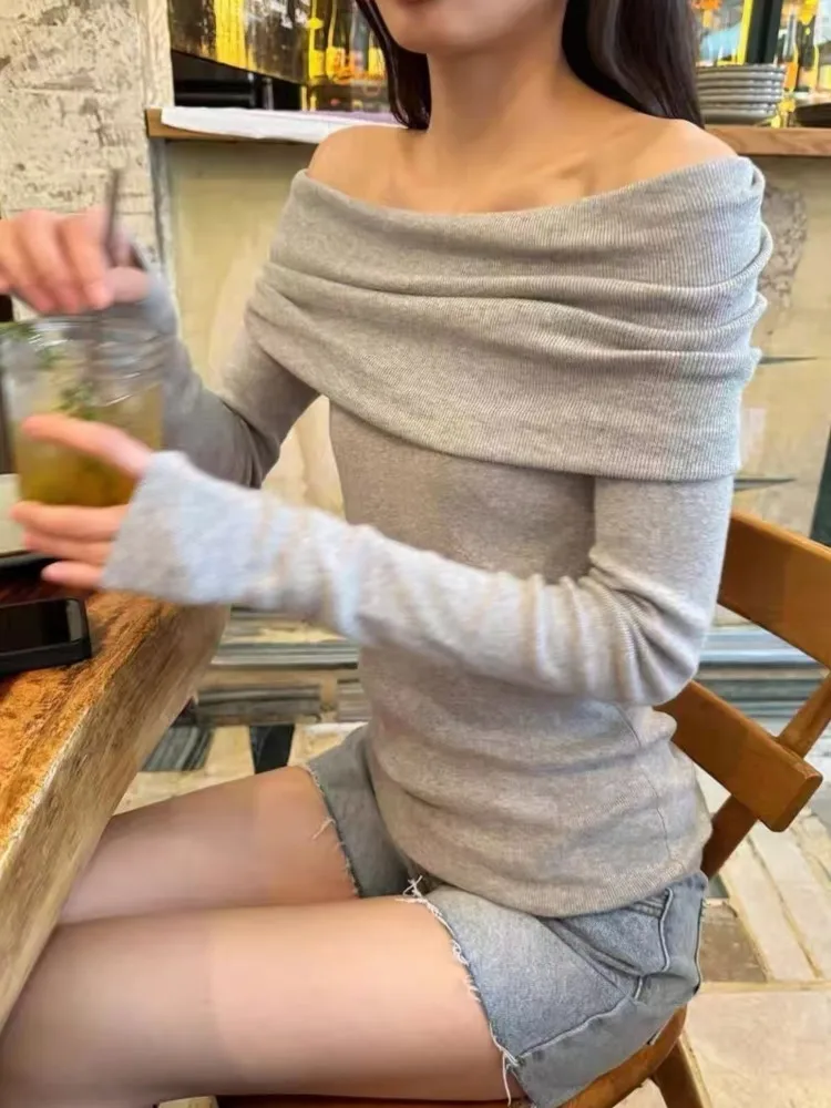 Słodki sweter damski z dekoltem typu slash, długim rękawem, elegancki, jednolity kolor, prosty, dopasowany, dzianinowy, retro Y2k, obcisły, seksowny, jesienny T-shirt, nowy.