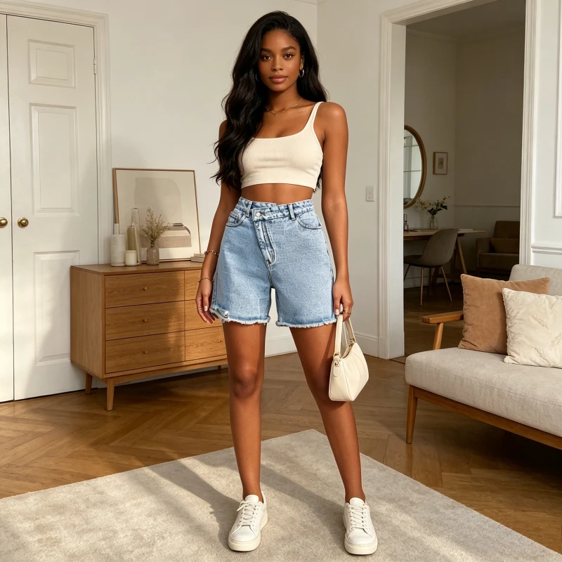 Ripped Knee Length Women Jeans Distressed Denim Spliced High Waist Washed Pockets Straight Streetwear Solid Loose 2026 Summer