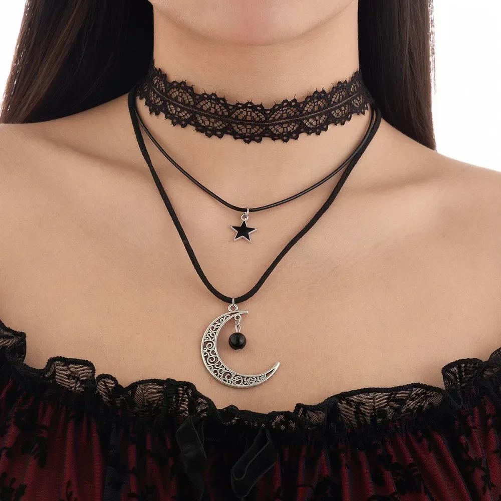 Gothic Lolita Black Lace Hollowed-out Crescent Stars Pendant Multi-layer Flannel Collar Necklace for Women Halloween Y2K Jewelry