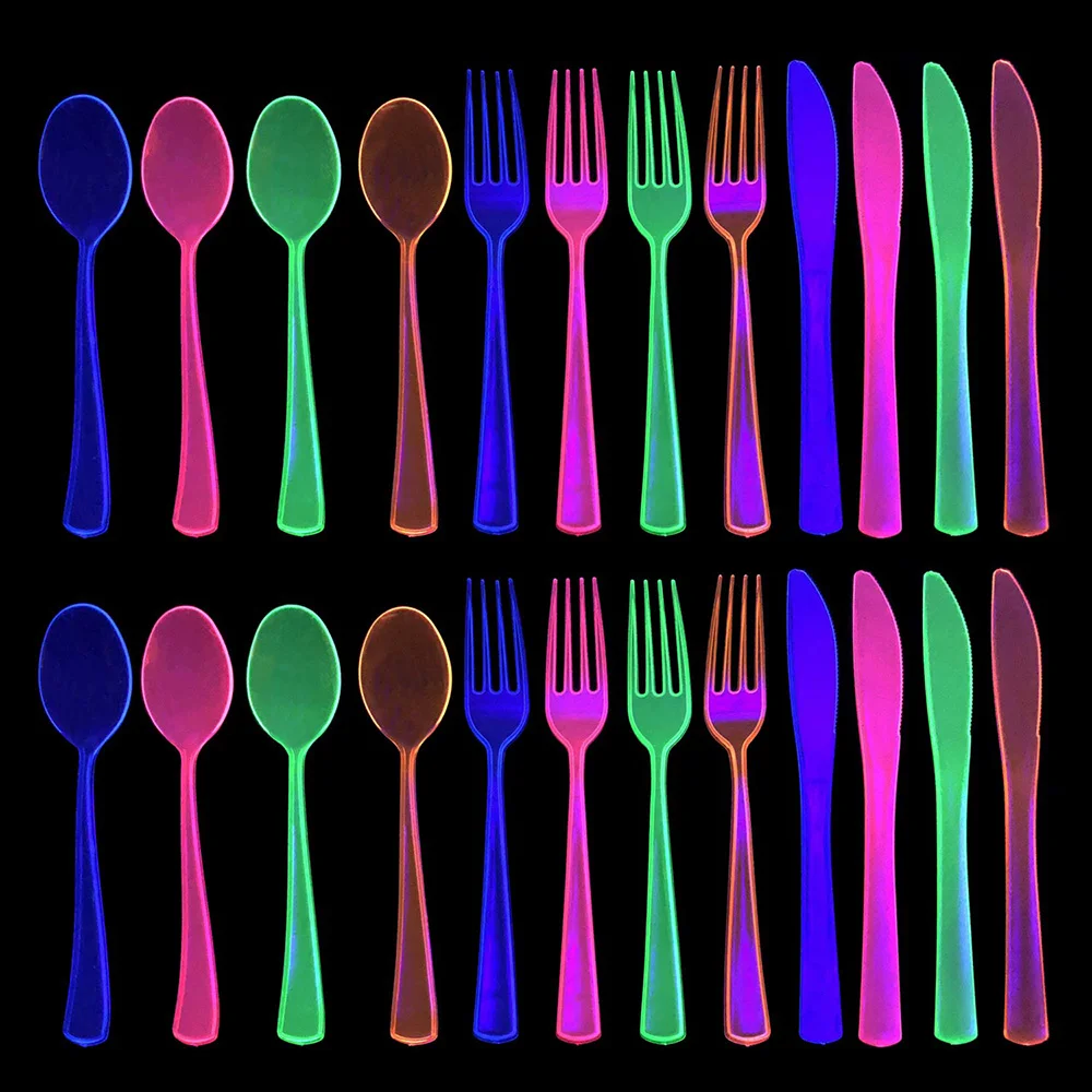 

24pcs Neon Black Light Party Service Deluxe Heavy Duty Forks Knives and Spoons Black Light UV Glow in The Dark Birthday Supplies