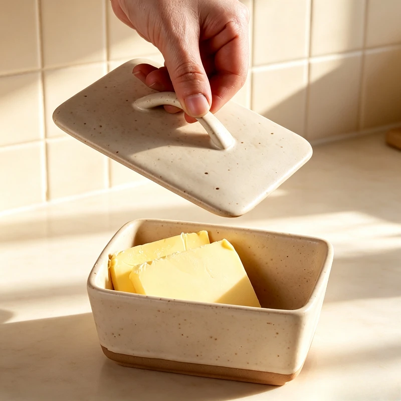 1Pc Vintage Glaze Ceramic Butter Container with Lid Large Square Butter Dish Food Storage Box for Cheese and Cream