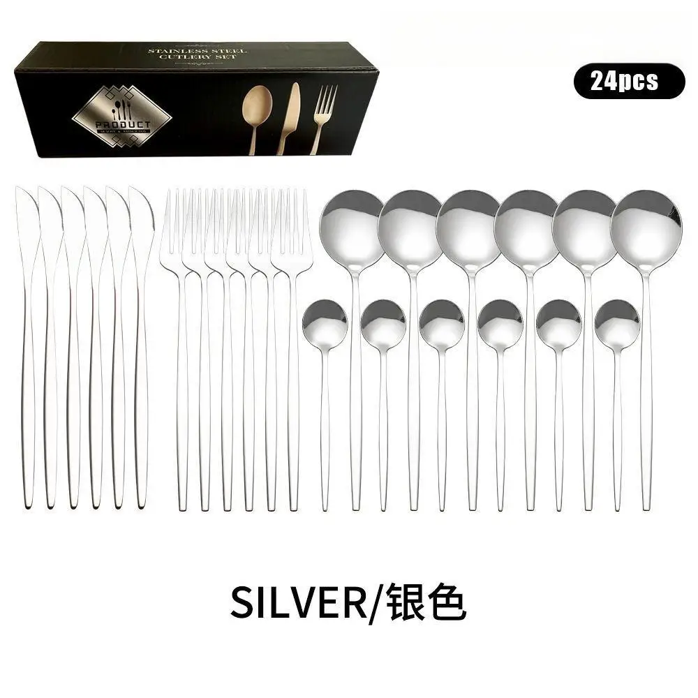 

High-quality appearance level stainless steel tableware set for Western cuisine - steak knife, fork and spoon - 24-piece set in
