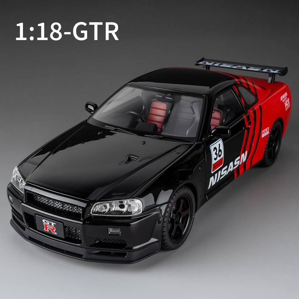 

1:18 Skyline GTR R34, литая под давлением модель автомобиля, игрушки со звуковым светом, открытые спортивные автомобили, модный орнамент, подарки для мальчиков