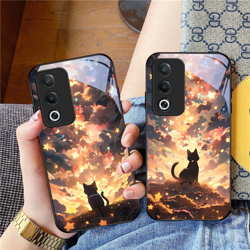 

Luminous Cat For Oppo A60 40 79 80 74 5G 17 78 54S 98 72 96 73 58 38 AX7 12 Reno 5 Lite 4Z Nord N200 Black glass phone case