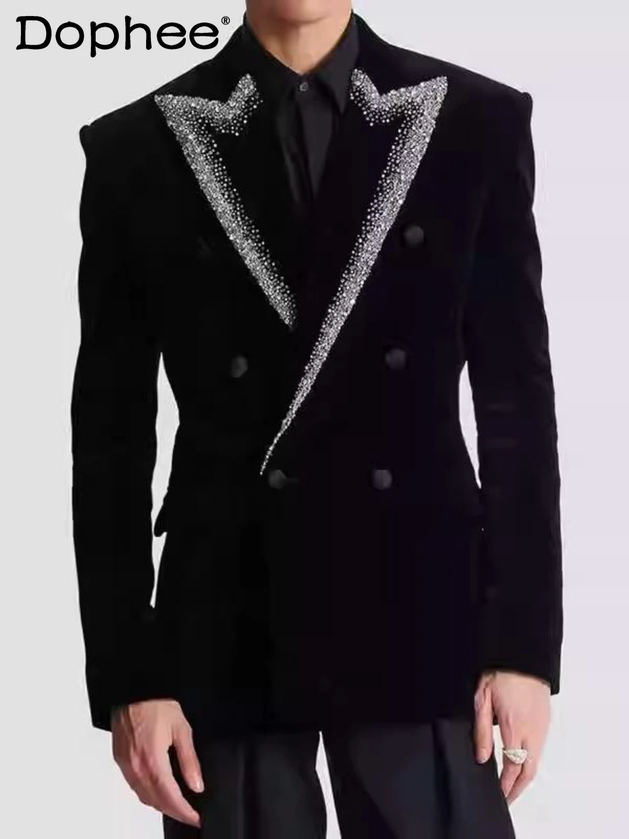 

Male Velvet Suit Jackets Men's 2024 Autumn Double-breasted Slimming High-end Hot Diamond Suit Jacket Trendy Long-sleeve Blazers