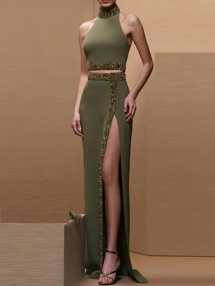 

Chic NEW Heavy Beaded Crystal Halter Crop Top High-Slit Long Skirt 2 Piece Set 2026 Summer Clubwear Sleeveless Slim Party Outfit