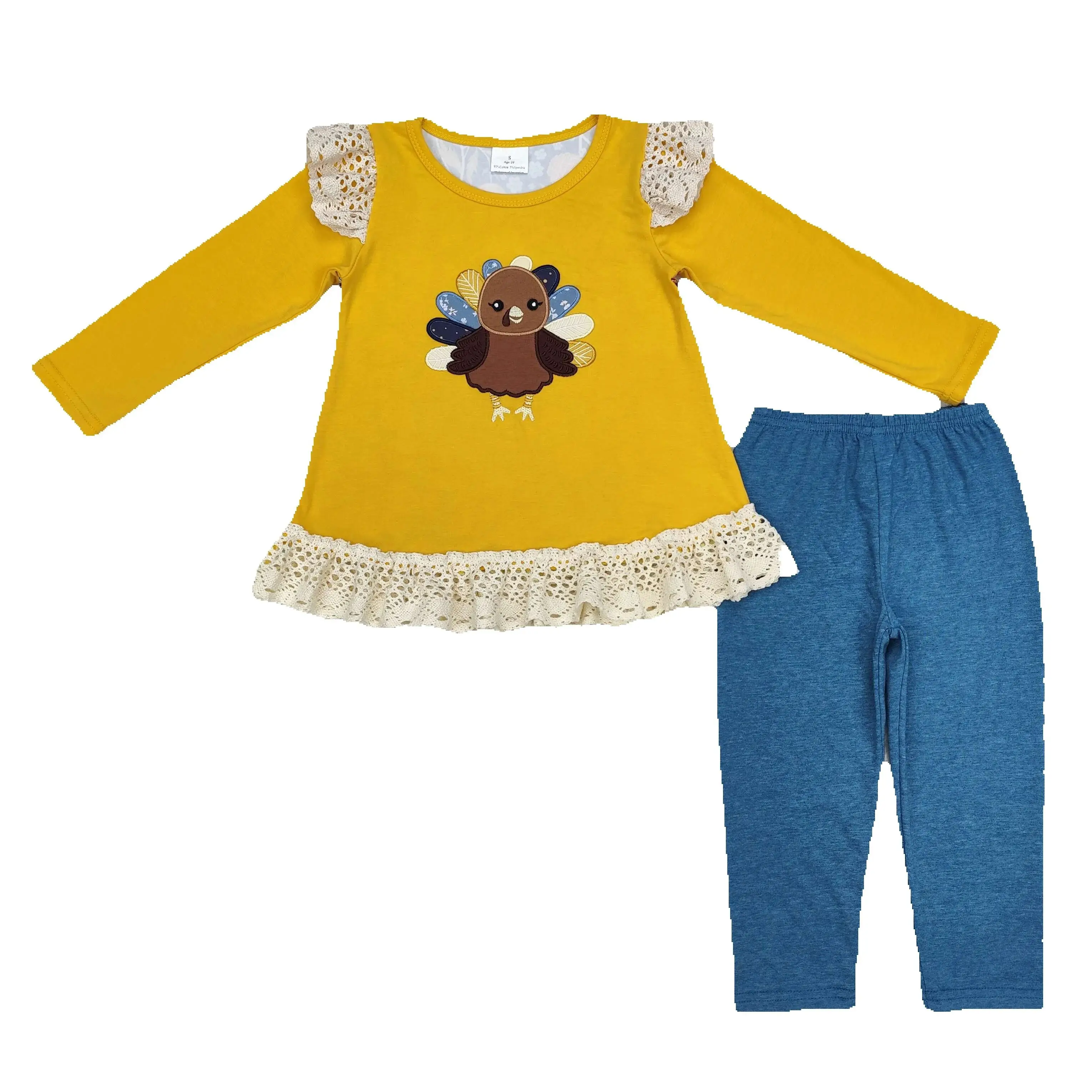 GLP1542 Kids Girls Autumn Outfit Sets Long Sleeves Embroidery Turkey Lace Yellow Print With Trousers Children Clothes Rts No Moq